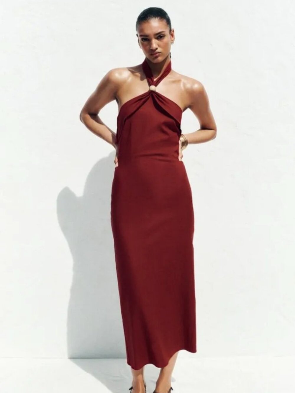 Zara Wine Burgundy Linen Halter Dress